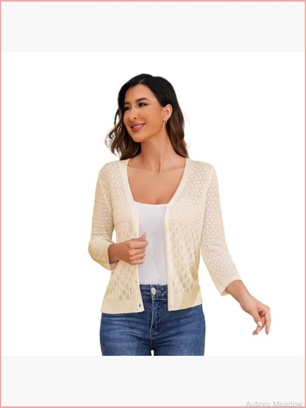 Lightweight Crochet Cardigan 3/4 Sleeve Cropped V Neck Button Shrug Knit Sweater - Picture 3 of 6